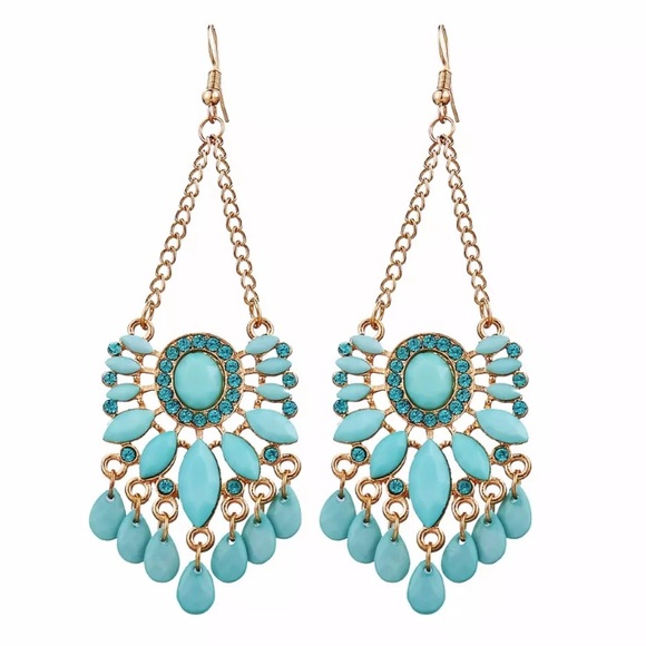 Jewelry - Gold Blue Stone Dangle Statement Earrings